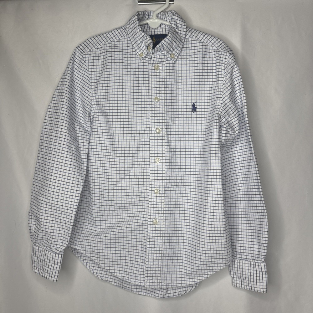 Polo Ralph Lauren Boys 8 Button Down shirt checkered Blue Logo Cotton Classic
